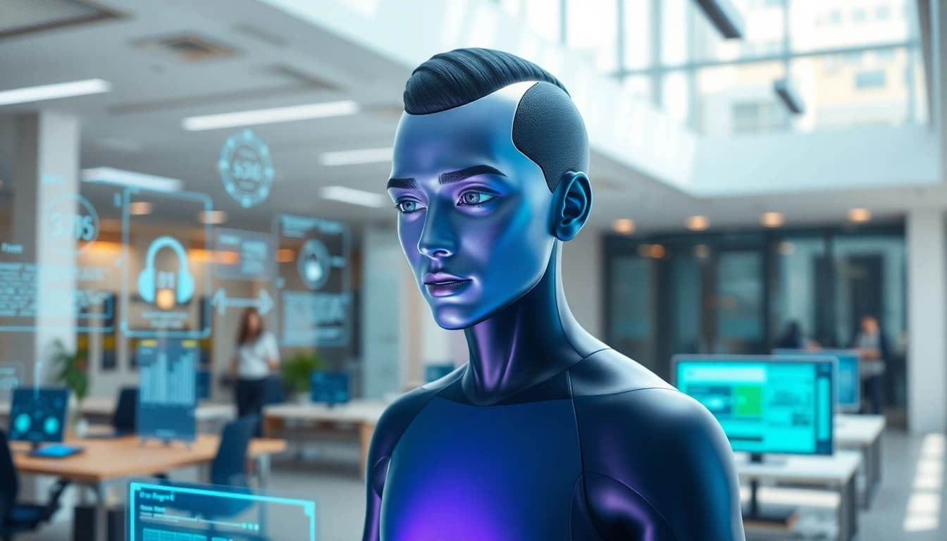 A live avatar engages with digital interfaces in a modern office, showcasing advanced interaction.