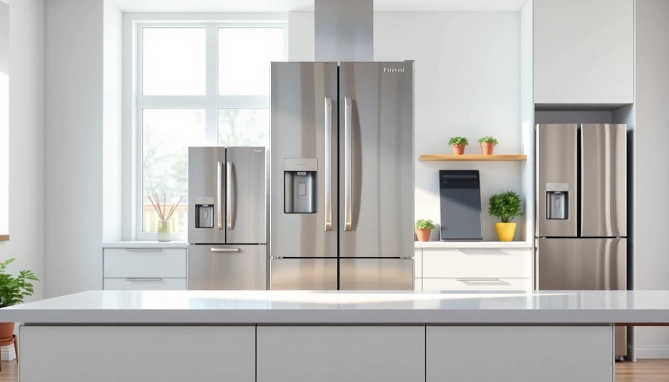 Shop modern refrigerator sales with a stunning stainless steel refrigerator in a bright kitchen setting.
