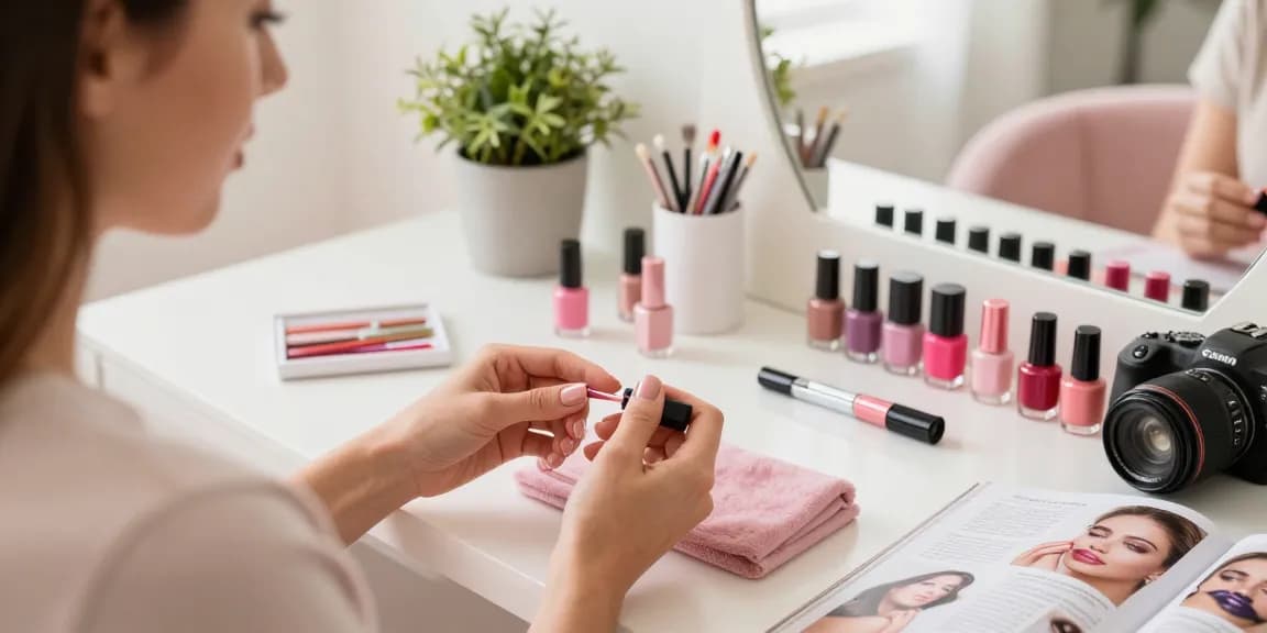Aplicarea bazei și top coat-ului de unghii într-un salon de acasă elegant, cu o selecție vibrantă de lacuri de unghii.