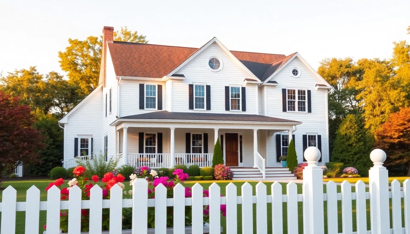 Stunning colonial home build with classic features and vibrant landscaping in a sunny setting.