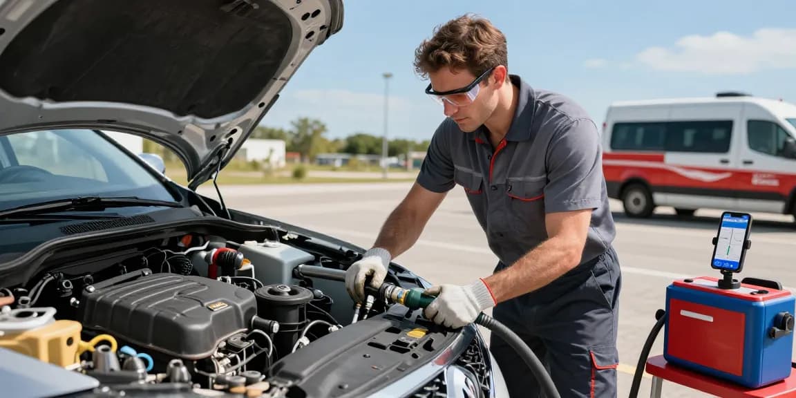 Mechanic draining Adblue in diesel car during roadside assistance, showcasing expert fuel recovery service.
