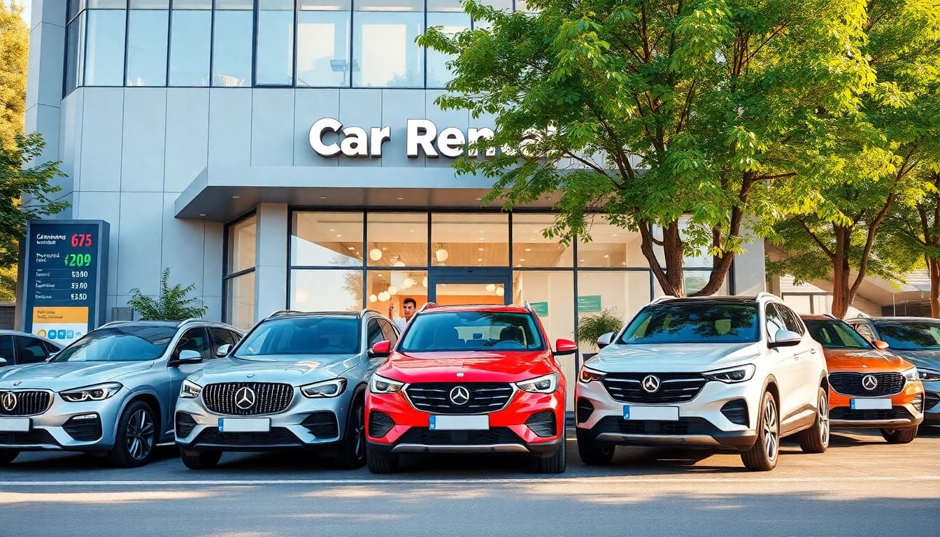 Chirie auto ieftin in Chișinău: modern rental cars showcased outside a welcoming office.