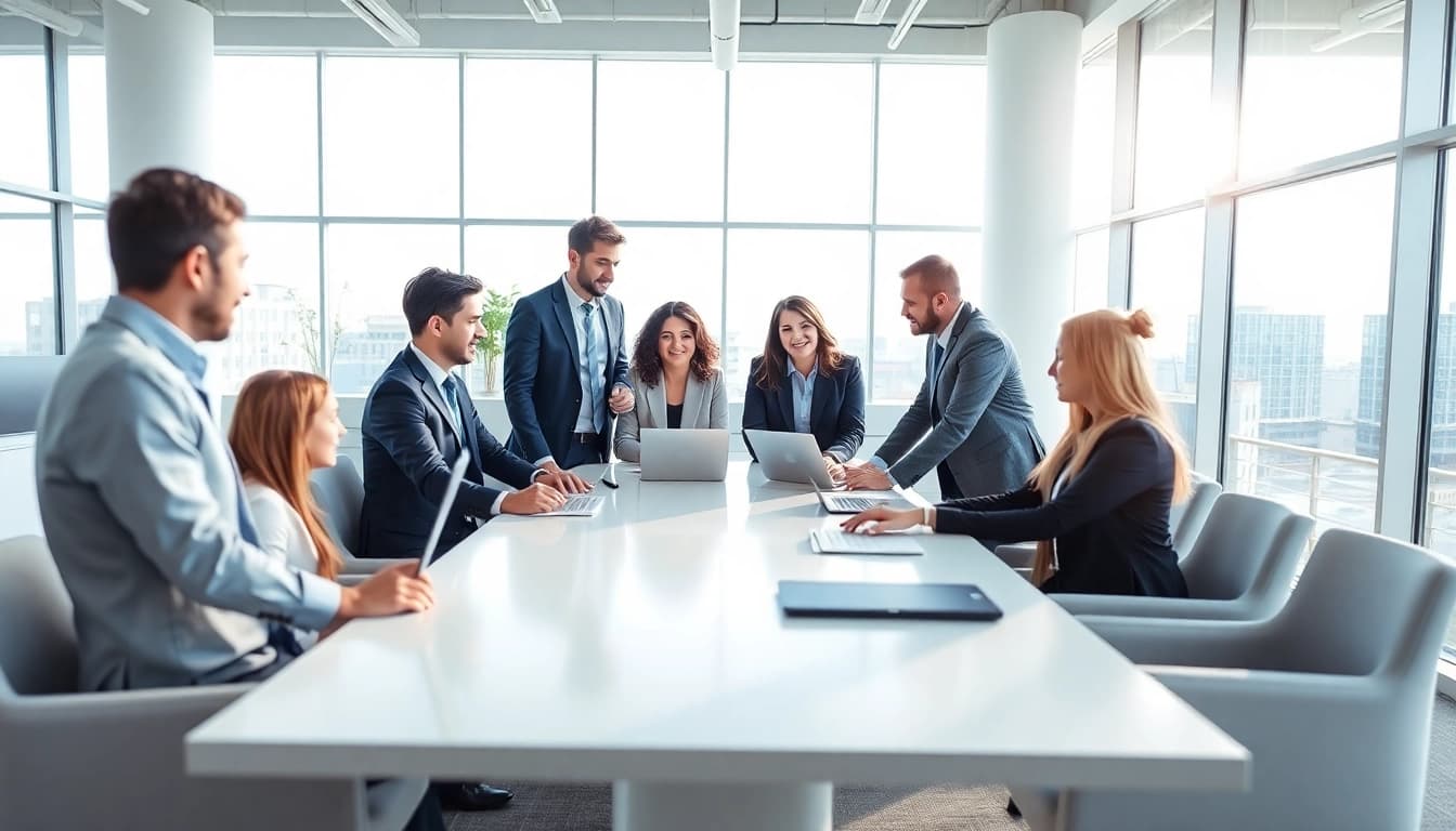 Legal Debt Recovery Platform team collaborating in a modern office environment, highlighting professionalism.