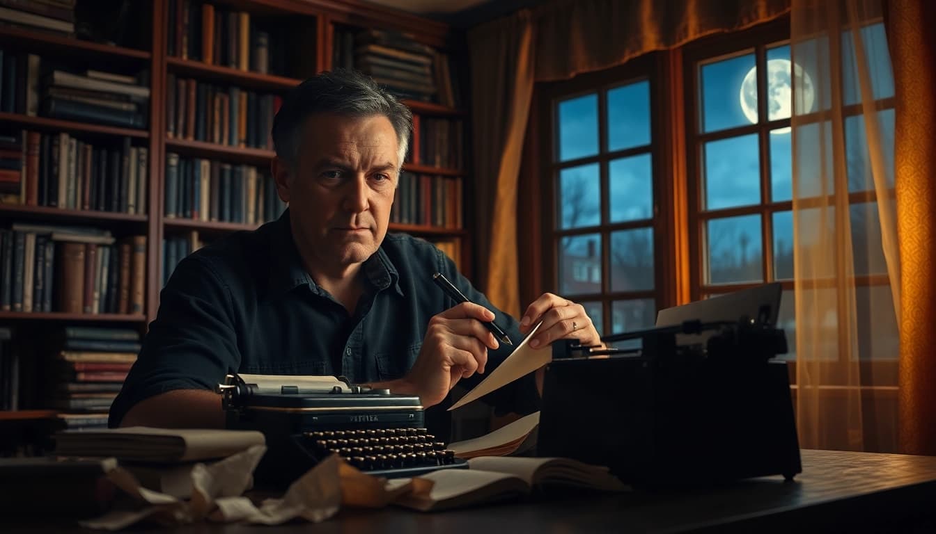 Action thriller author immersed in writing amidst a dramatic, book-filled study.