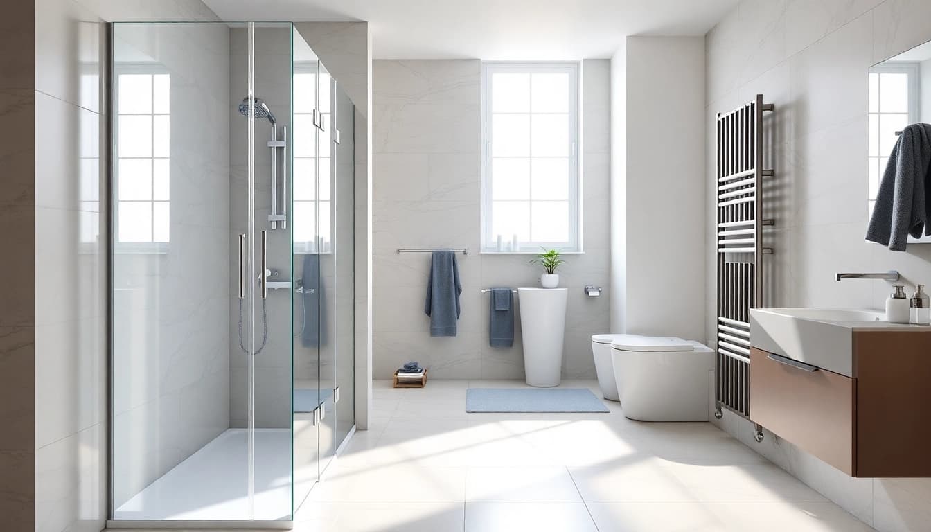 Produkte von sonni sanitär in einem modernen Badezimmer mit stilvollen Duschkabinen und Heizkörpern.
