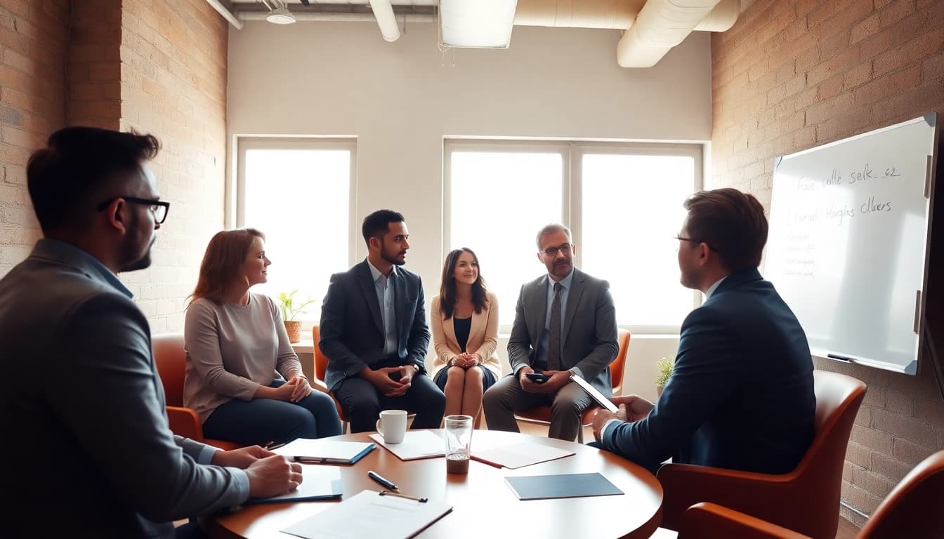 Mediation session with participants discussing in a bright office environment.