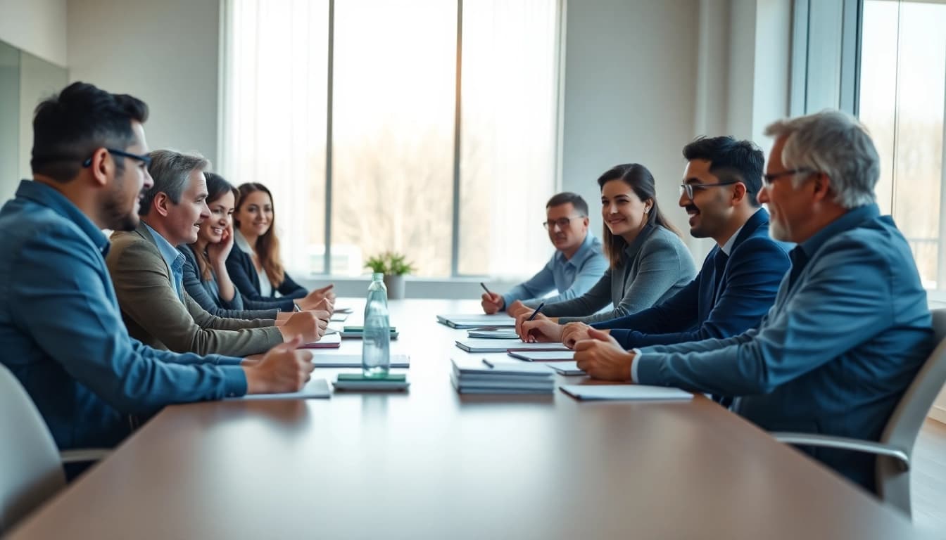 Engaged leaders discussing founder leadership insights in a modern office setting.