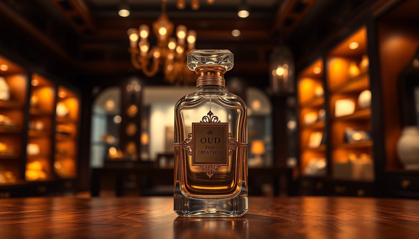 Captivating fragrance bottle reflecting Oud for greatness alternative in an elegant setting.