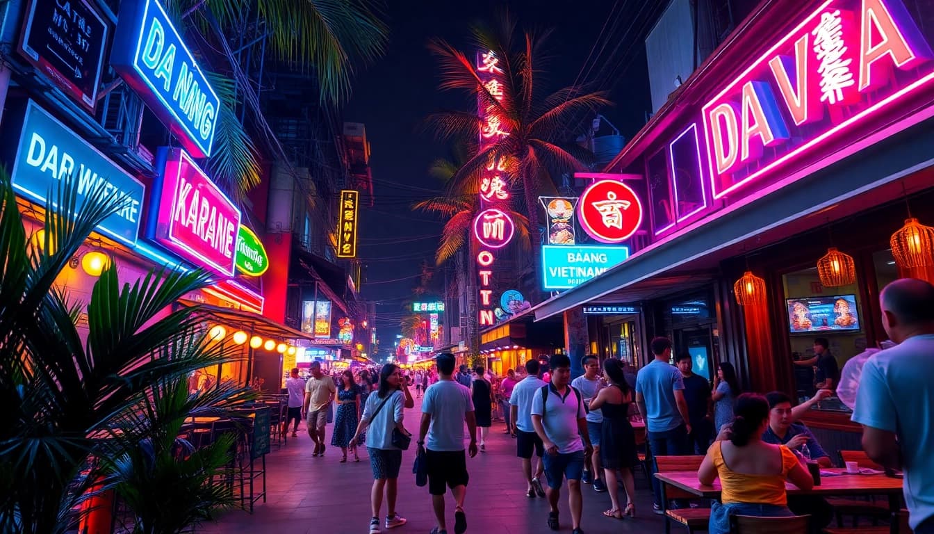 Experience the vibrant 다낭밤문화 nightlife scene, showcasing lively bars, neon lights, and diverse crowds in Da Nang.