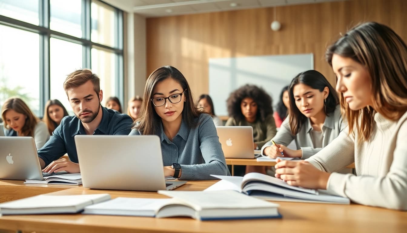 Engaged TOEFL test takers for hire collaborating in a modern classroom setting.