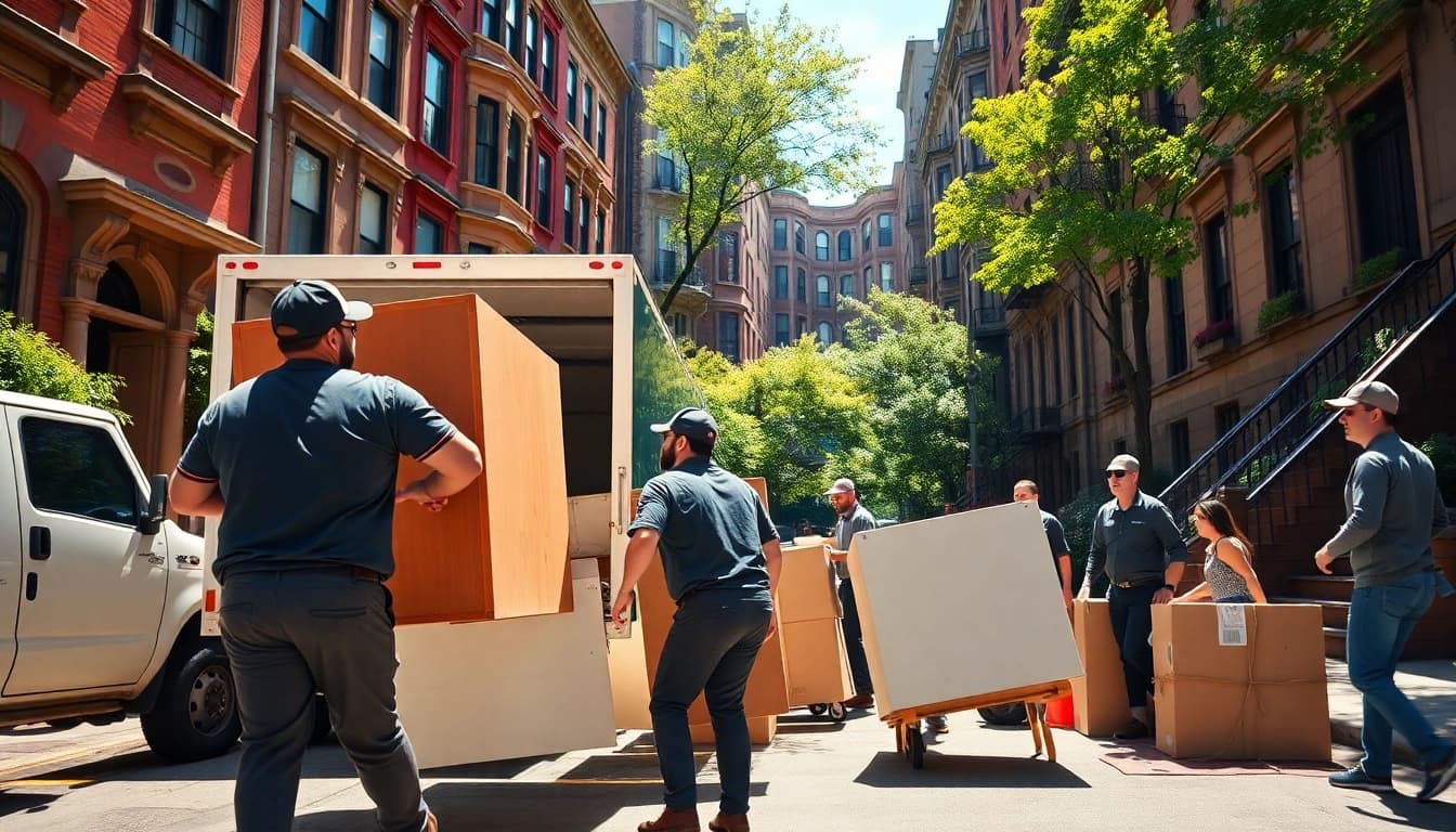 Reliable movers in boston efficiently loading a truck in a bustling urban environment.