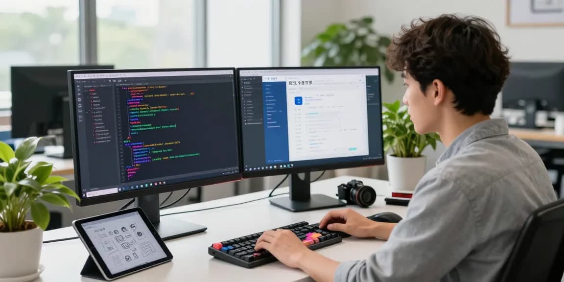Developer coding 纸飞机中文版 app at modern workspace with dual monitors and natural light.