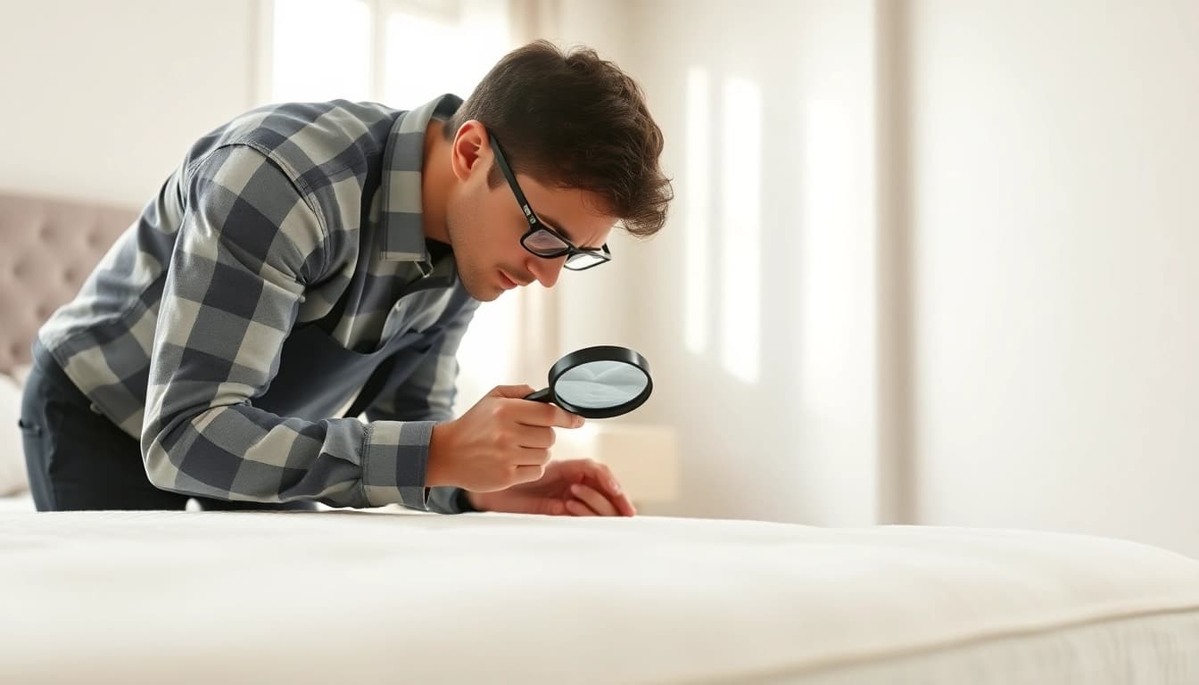 Technician performing bed bug control inspections in a bright, clean bedroom setting.