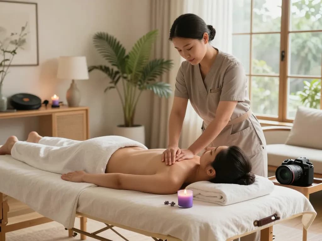Premium home massage by maxim-anma.net in serene living room with therapist and client
