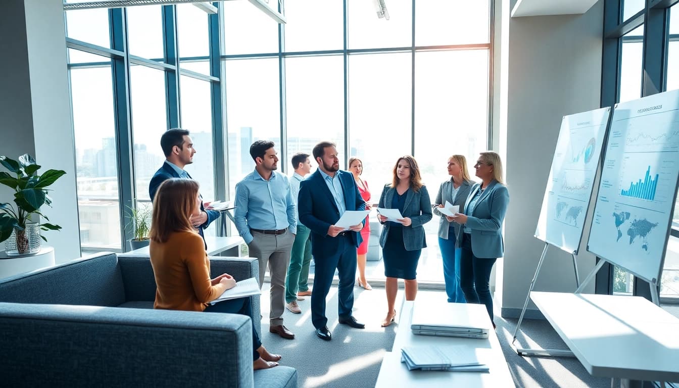 Engaging discussion about Federal and State contracts among diverse business professionals in a modern office.