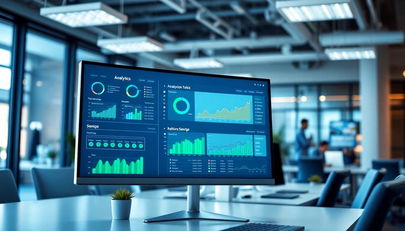 Saas dashboard displaying analytics and user inputs amid a professional office setting.