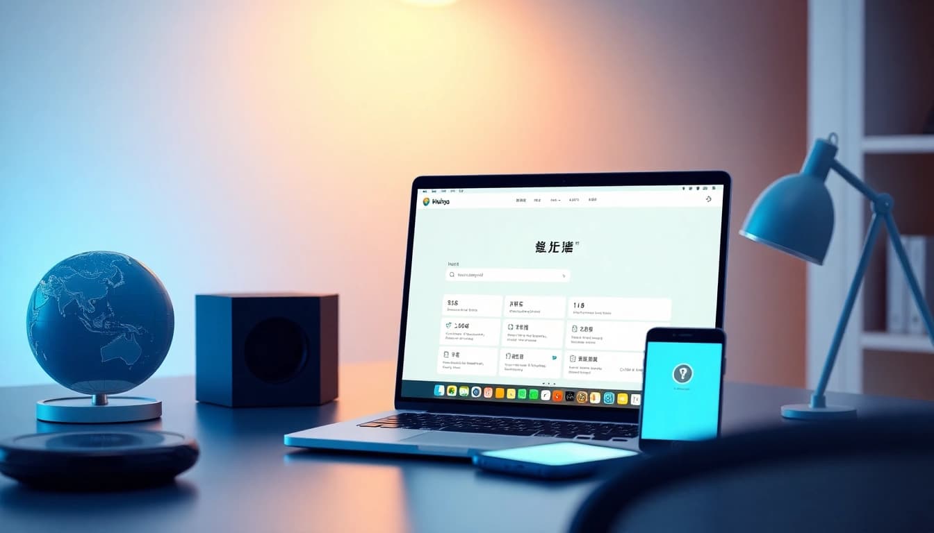 快连官网 interface displayed on a laptop in a modern workspace, symbolizing global connectivity and security.