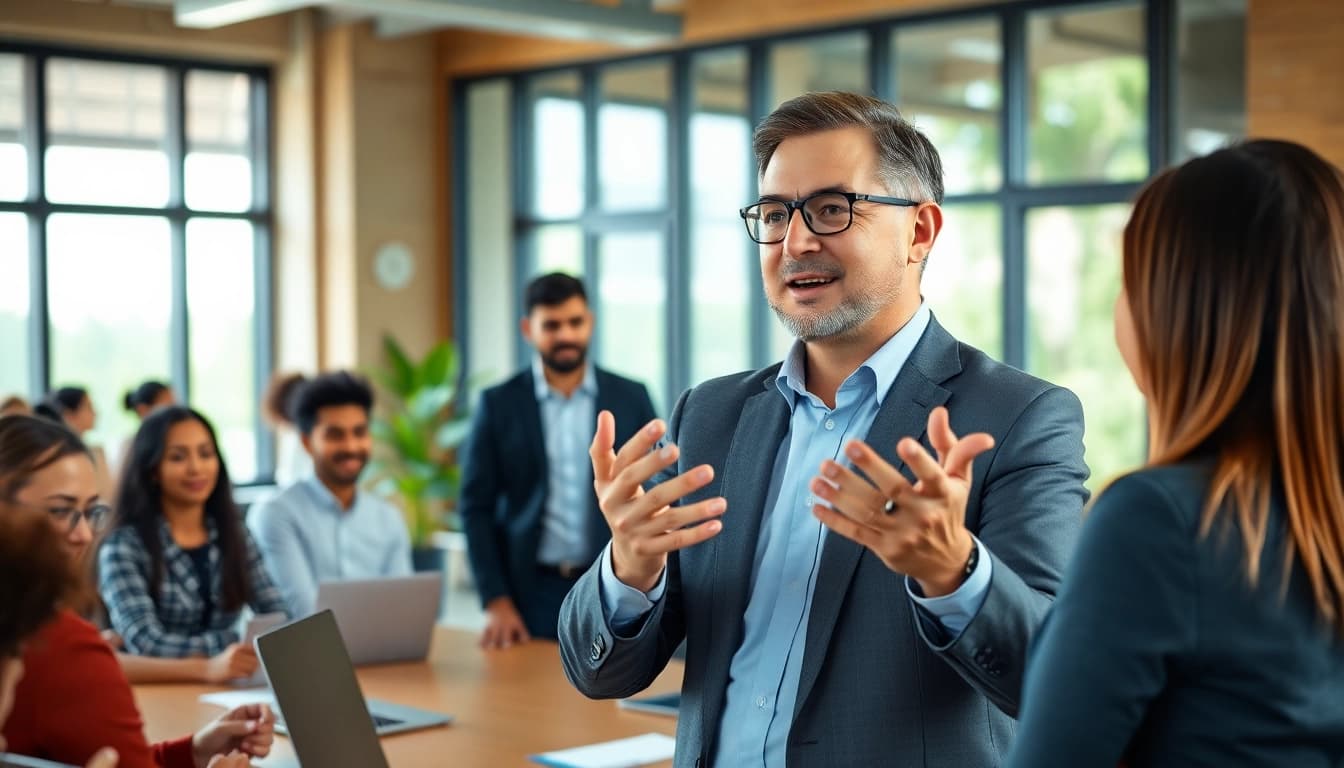 Action-oriented business coach los Angeles inspiring a diverse group in a modern office setting.