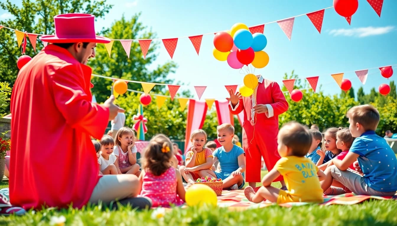 Birthday party entertainers captivating children with magic tricks at a vibrant outdoor celebration.