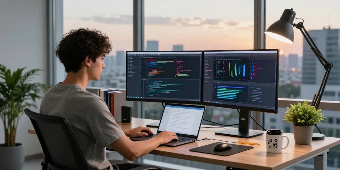Dynamic workspace showing a developer coding on Telegram platform, focusing on innovation and productivity at 纸飞机官网.