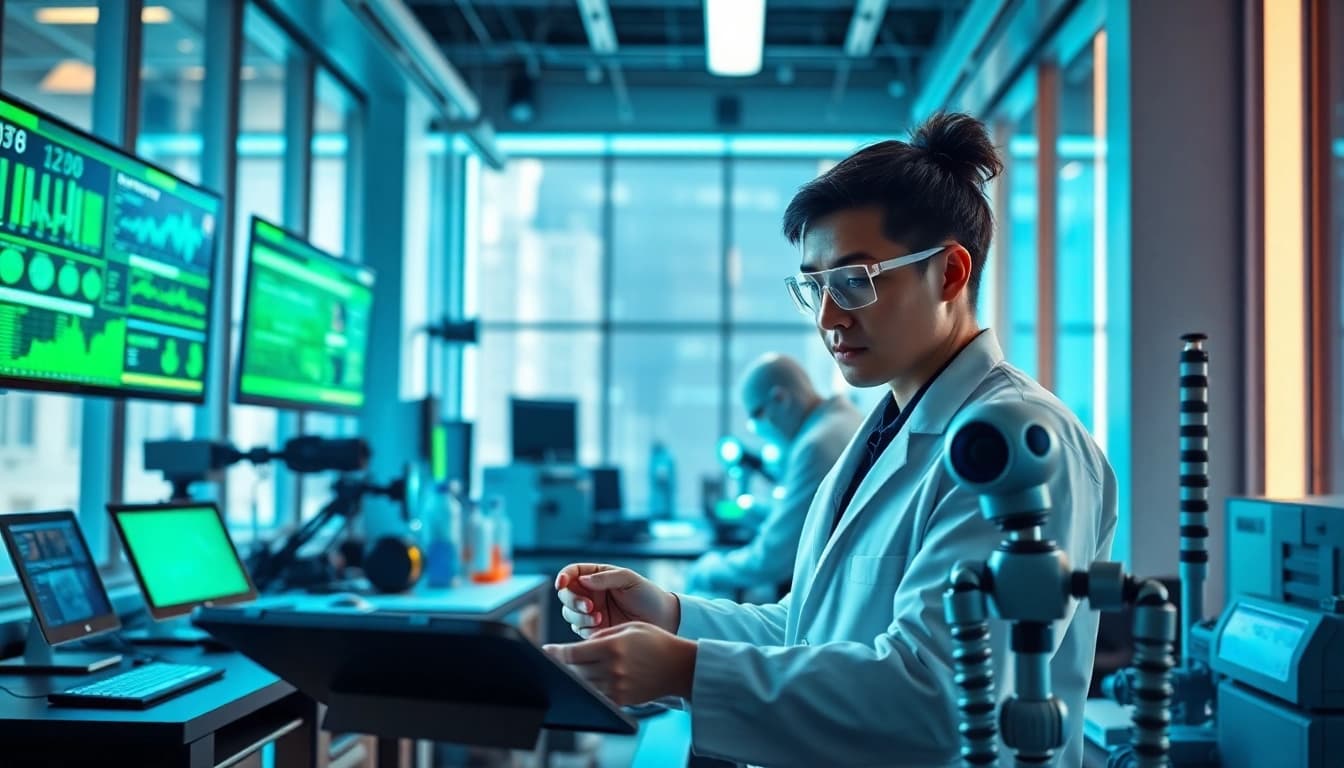 Engaging scene of Technology research with a scientist in a modern lab setting, showcasing innovation.
