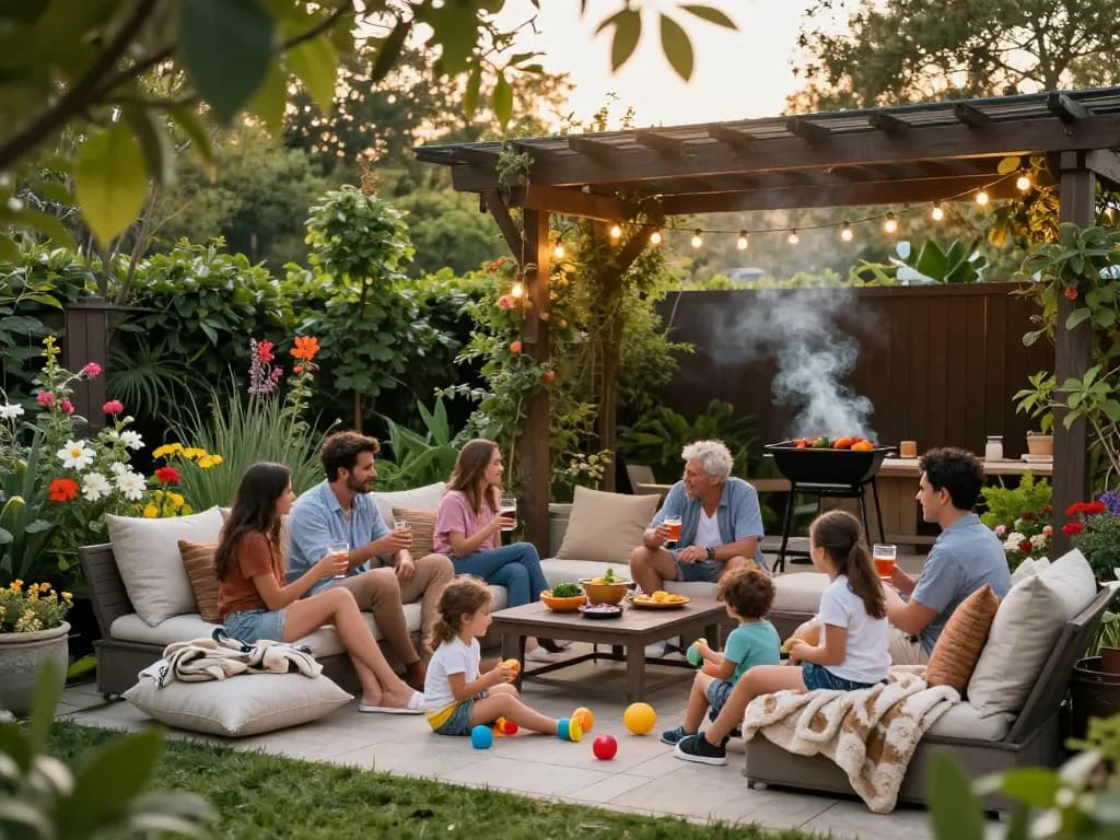 Gathering under a custom designed online pergola configurator for a cozy family backyard scene