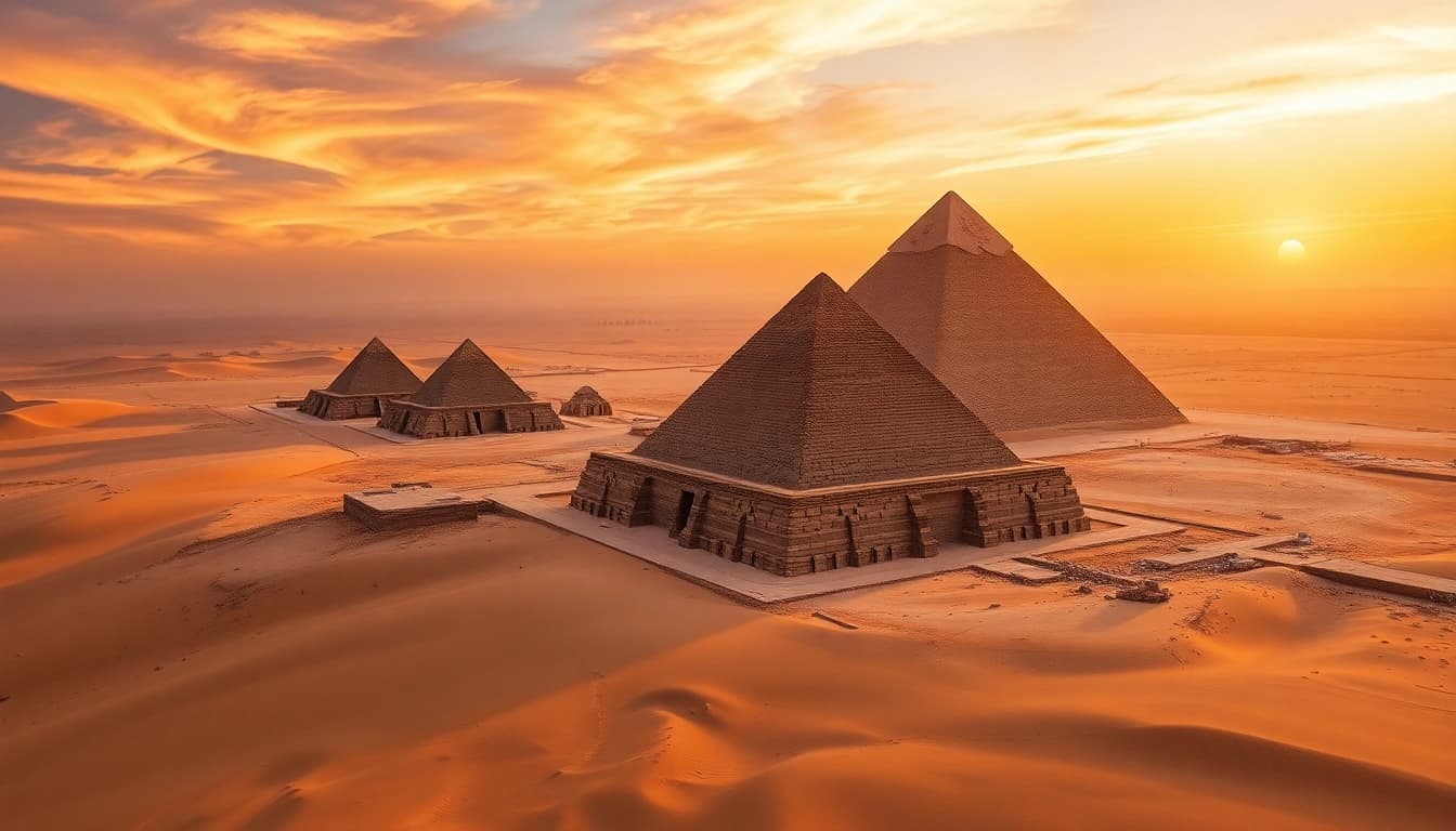 Explore the ancient pyramids, including the Great Pyramid, under a stunning sunset sky.