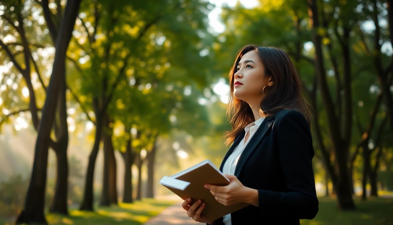 Find my true calling as a woman reflects on her career options in a peaceful park setting.