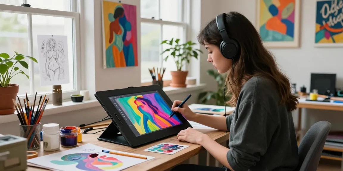 Creative artist illustrating ai porn themes in a vibrant studio, showcasing modern digital art.