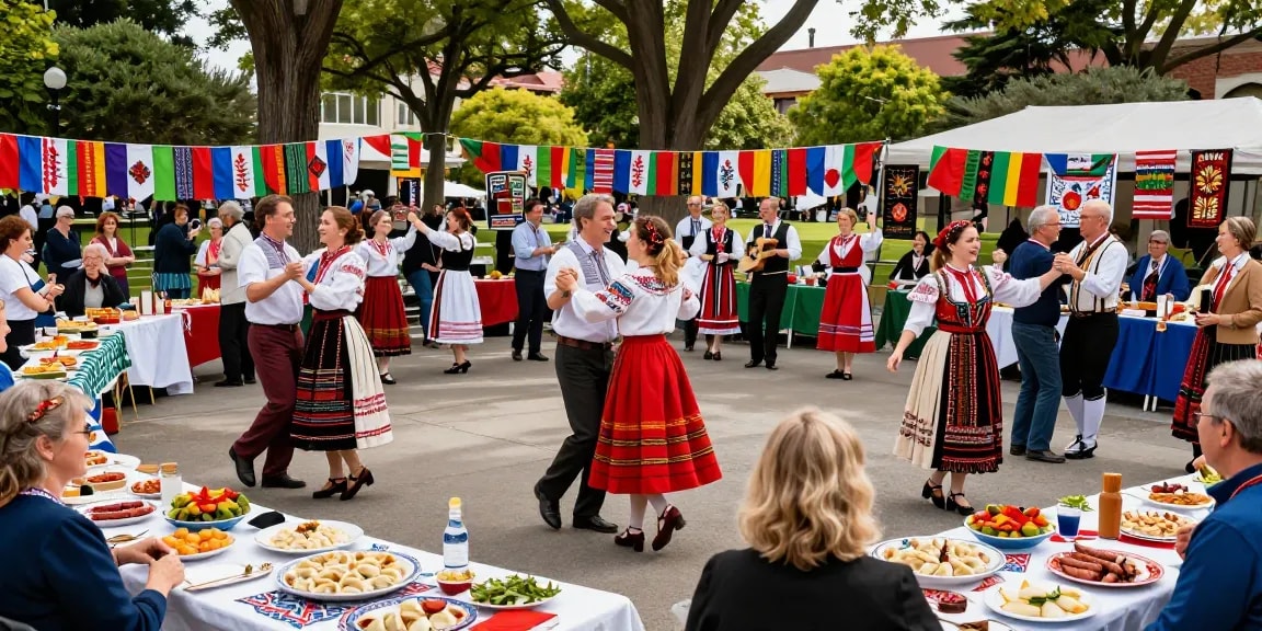 Community event celebrating Polish culture in San Francisco organized by https://www.sfpol.com/ with traditional attire and cultural dishes.