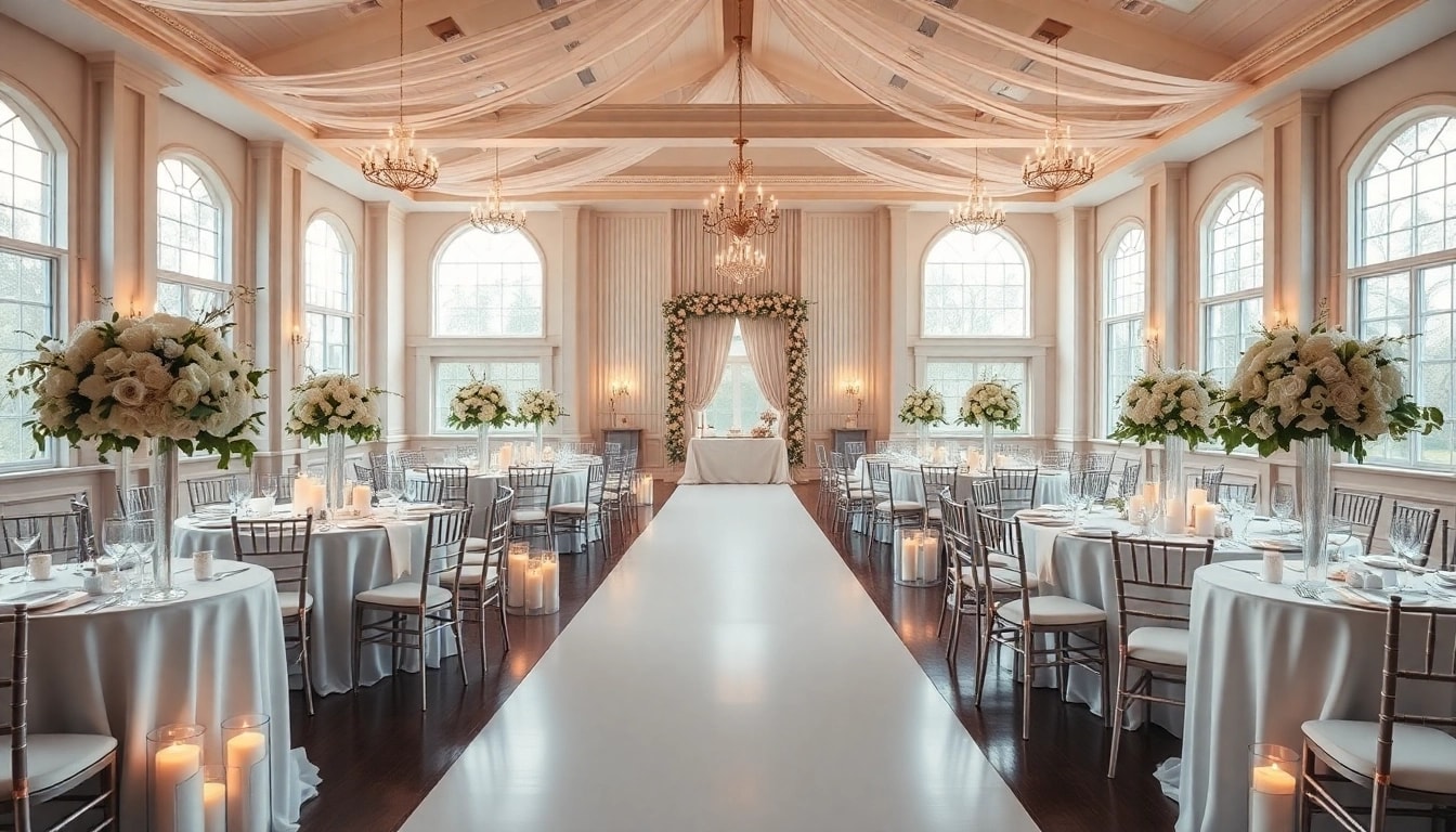 Hochzeitsaal festlich dekoriert für eine romantische Hochzeit.
