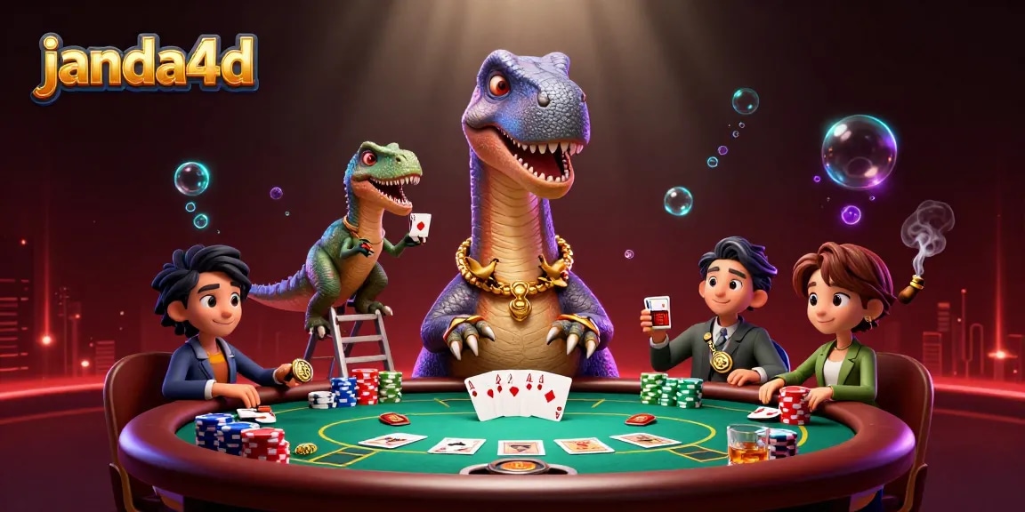janda4d menyajikan suasana kasino yang meriah dengan dinosaur 3D dan meja poker penuh chip.