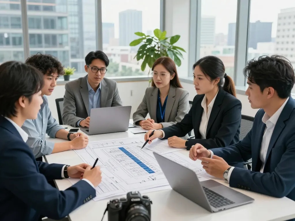 Nationwide investors group collaborating on real estate strategies in a modern office.