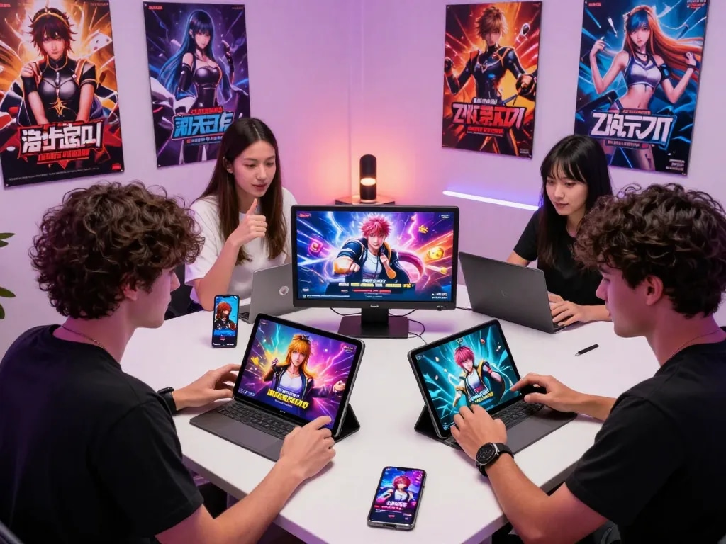 Explore free sex games in a vibrant gaming scene with interactive characters on various devices.