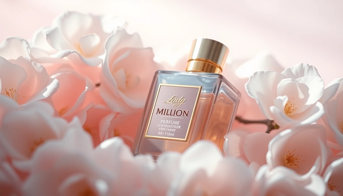 Admire the exquisite lady million perfume elegantly displayed with flowers.