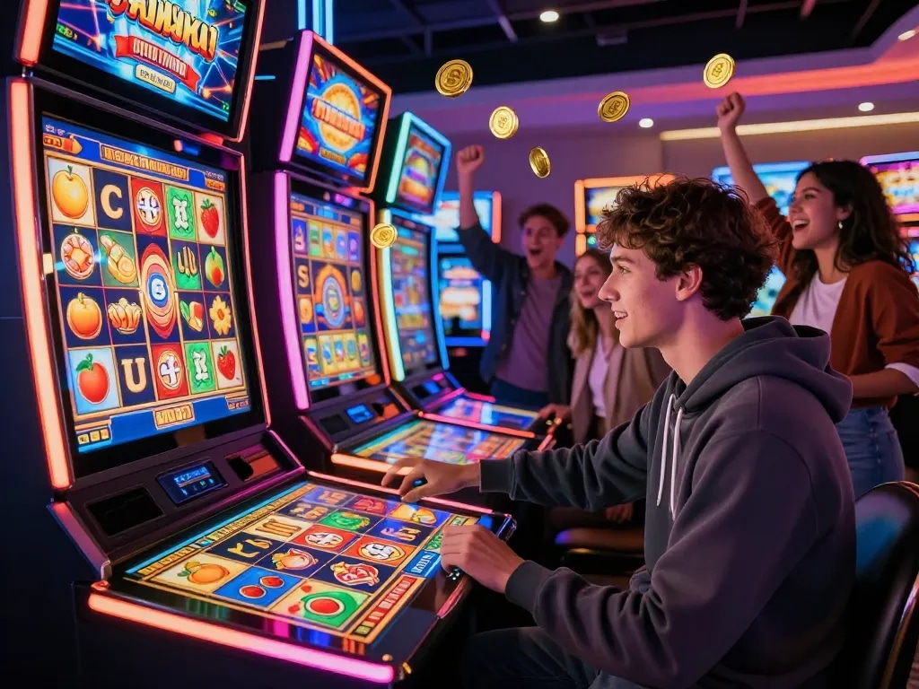 Pemandangan kasino online yang menarik menampilkan seorang pemain di mesin slot, mencerminkan kegembiraan slot gacor hari ini.