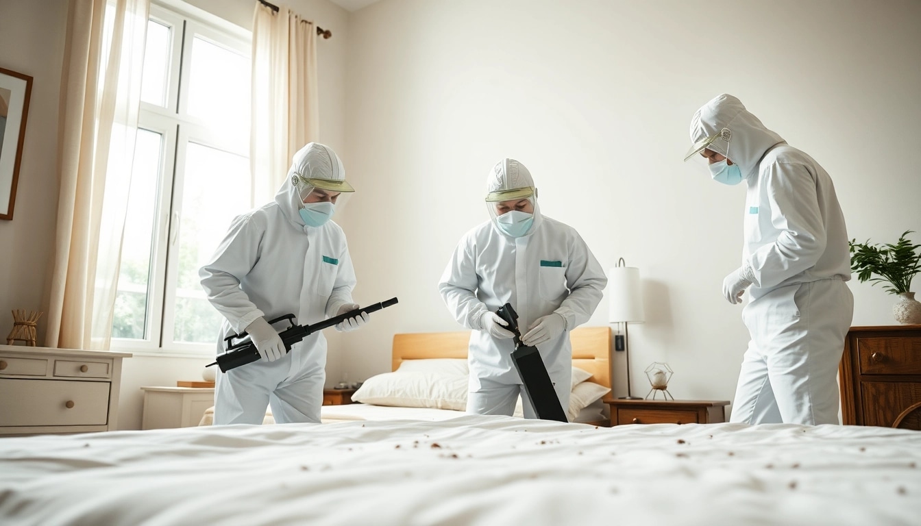 Engaging bed bug pest control scene with professionals ensuring effective treatment in a bedroom.