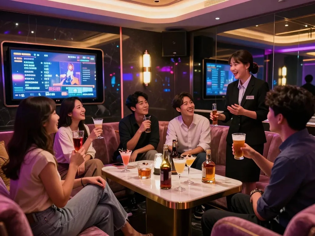 Friends enjoying an unforgettable night at gangnamtune.com karaoke bar with vibrant lights and premium service.