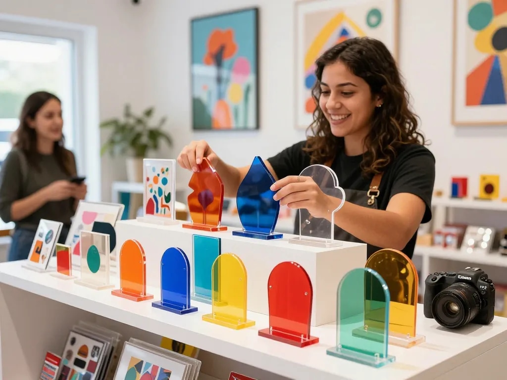 Colorful display of custom acrylic stand in vibrant retail setting with diverse designs.