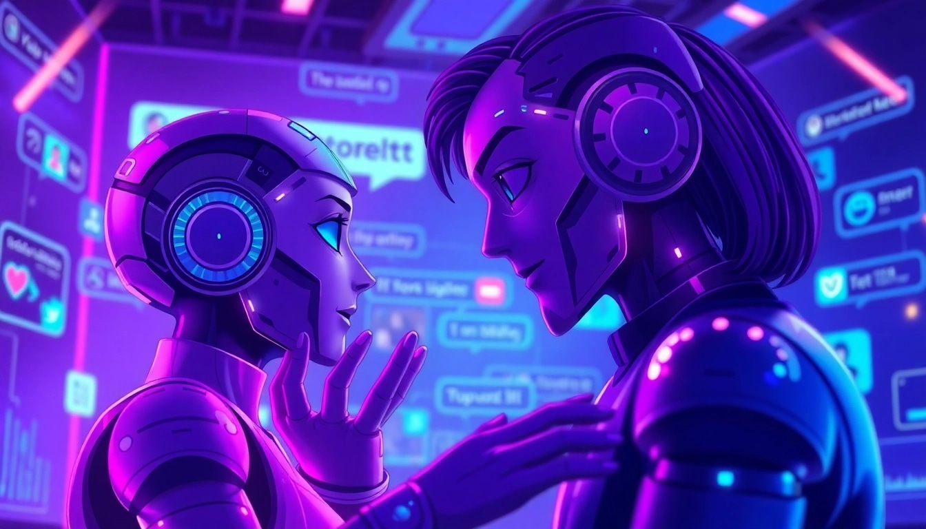Engaging digital scene of NSFW character AI interactions with expressive avatars in a vibrant chat interface.