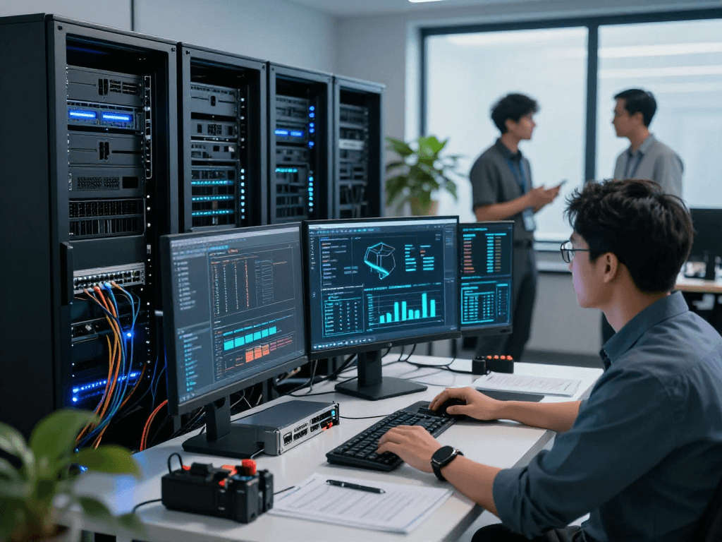 Monitoring servidores dedicados in a high-tech data center with IT professionals managing advanced infrastructure.