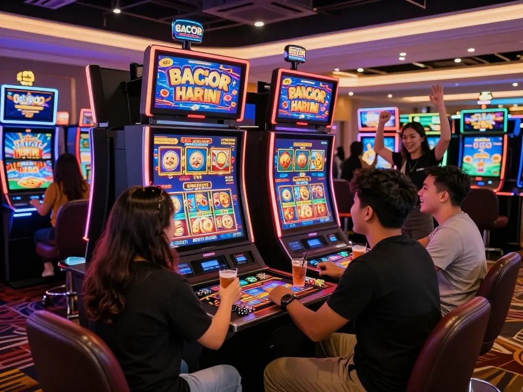 Excitement at a slot gacor hari ini casino with friends playing vibrant games.