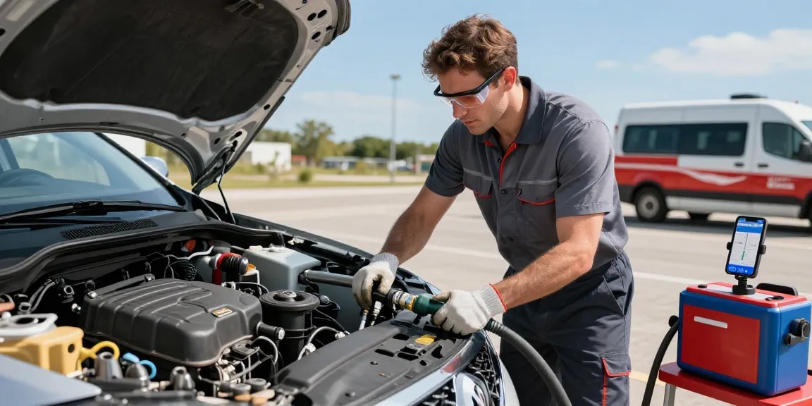 Mechanic draining Adblue in diesel car during roadside assistance, showcasing expert fuel recovery service.