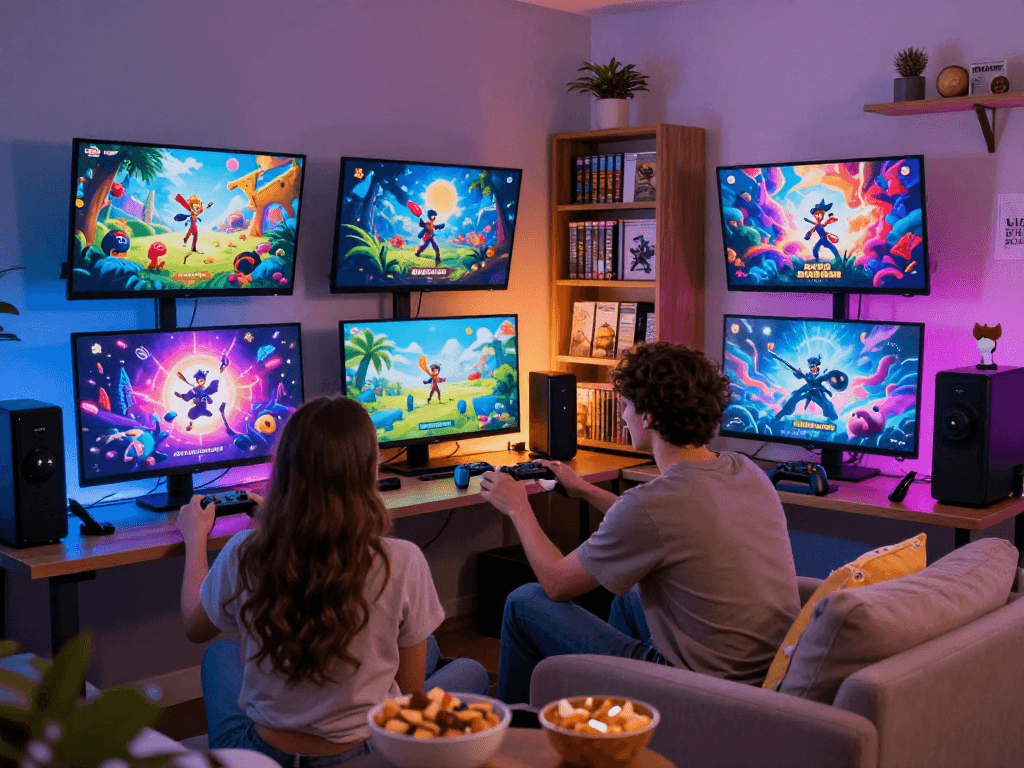 Engaging scene of a couple playing adult games, showcasing various genres in a cozy setting.