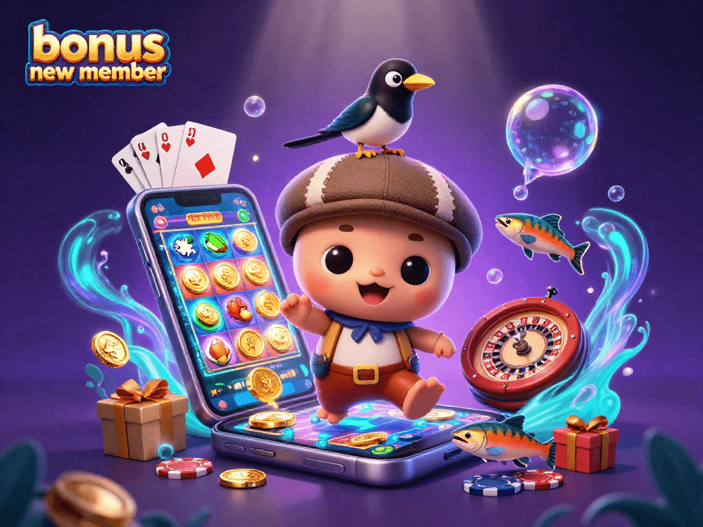 Experience the thrill of the bonus new member with playful characters in a vibrant casino scene.