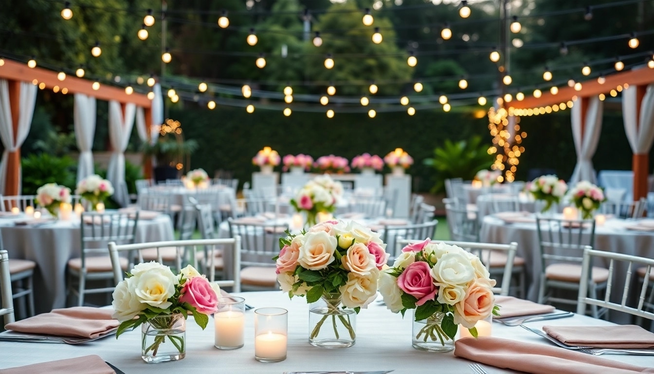 Enjoy stunning Event Rentals with beautifully arranged tables and floral decor in a garden setting.
