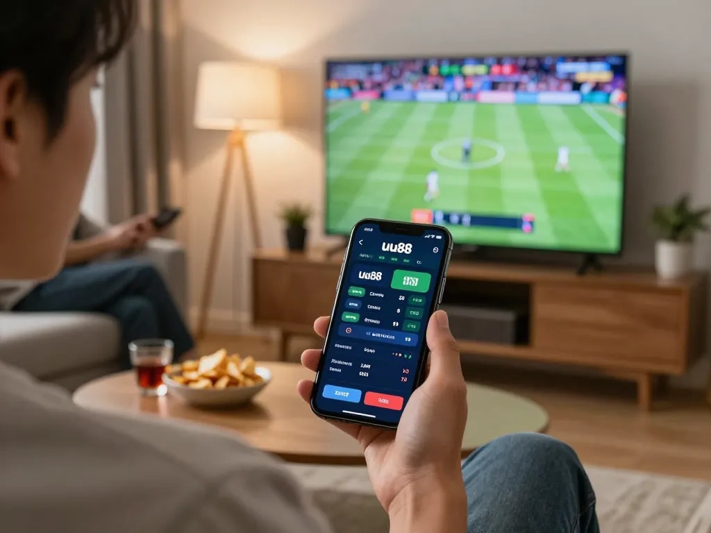 Person using the uu88 sports betting app on their smartphone during an exciting live match.