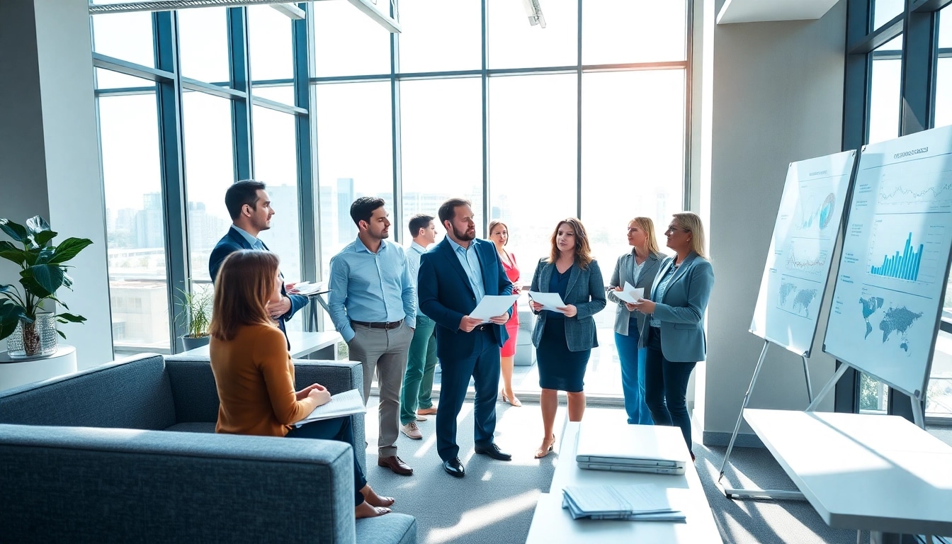 Engaging discussion about Federal and State contracts among diverse business professionals in a modern office.