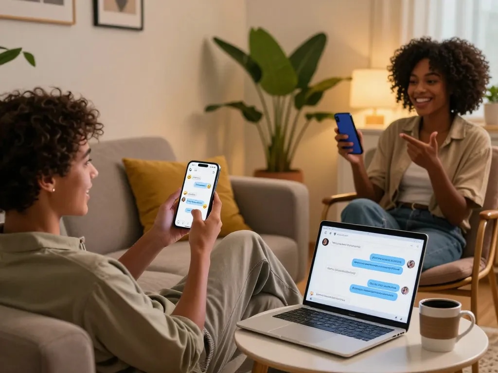 Diverse couple engaged in playful conversation via sex chat ai on smartphones in cozy living room, warm lighting and intimate atmosphere.