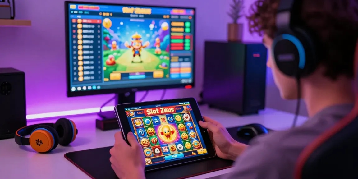 Player enjoying Slot Zeus game on tablet with vibrant graphics and engaging atmosphere.
